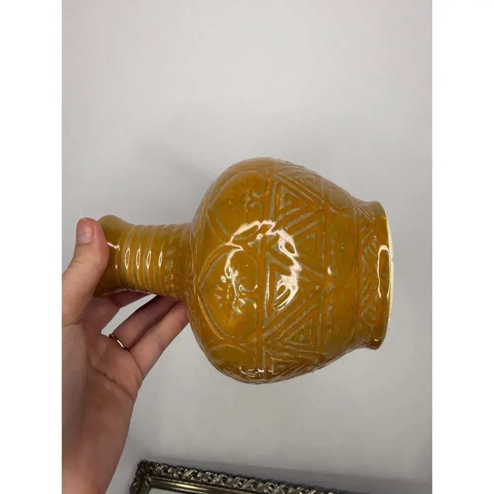 Vintage Handmade in Vietnam Mustard Yellow Vase with Incised Designs